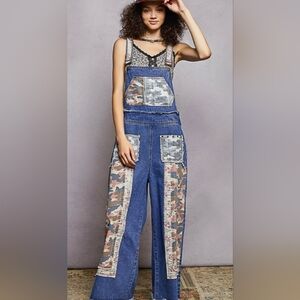 POL SIZE SMALL Denim Overalls with Pink Camouflage Patchwork